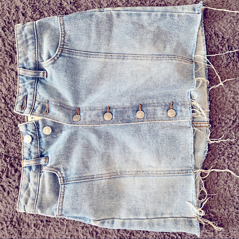 Distressed button down jean skirt